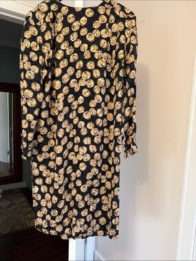 Knights Ltd Black and Beige Floral Print Shift silk midi Dress 12